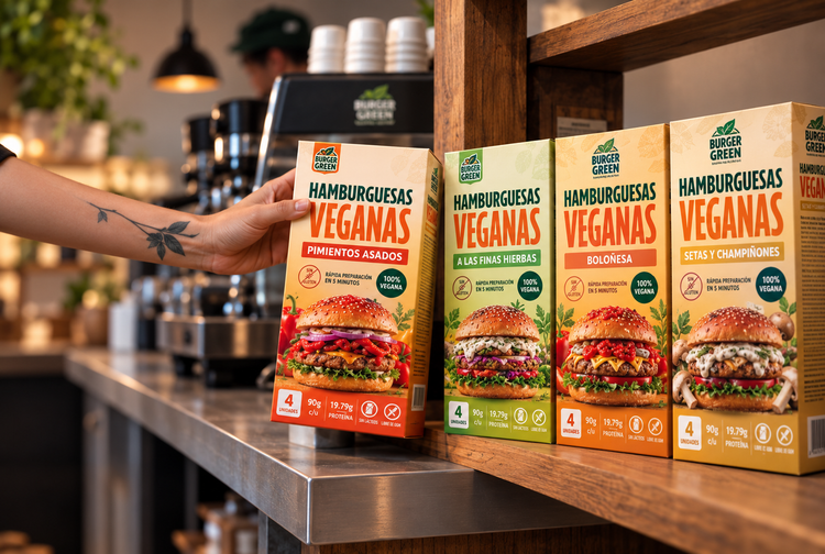 Cajas de hamburguesas veganas Burger Green en un estante